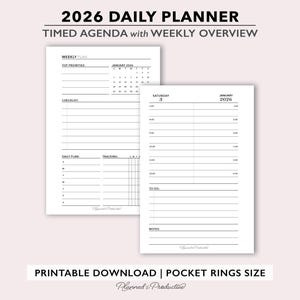 2026 Daily Timed Planner Printable W/ Weekly Overview, Pocket Size ...
