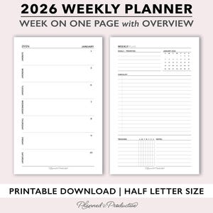 Könnte beinhalten: Ein druckbarer Wochenplaner 2026 mit Wochenübersicht auf einer Seite. Der Planer enthält Abschnitte für Ziele, Prioritäten, Checklisten und Tracking. Das Design ist minimalistisch mit sauberem, weißem Hintergrund und schwarzem Text.