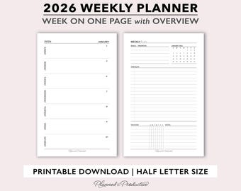 Agenda hebdomadaire 2026 imprimable, modèle d'agenda hebdomadaire demi-taille, encart hebdomadaire daté avec aperçu hebdomadaire, encart d'agenda hebdomadaire sur 2 pages