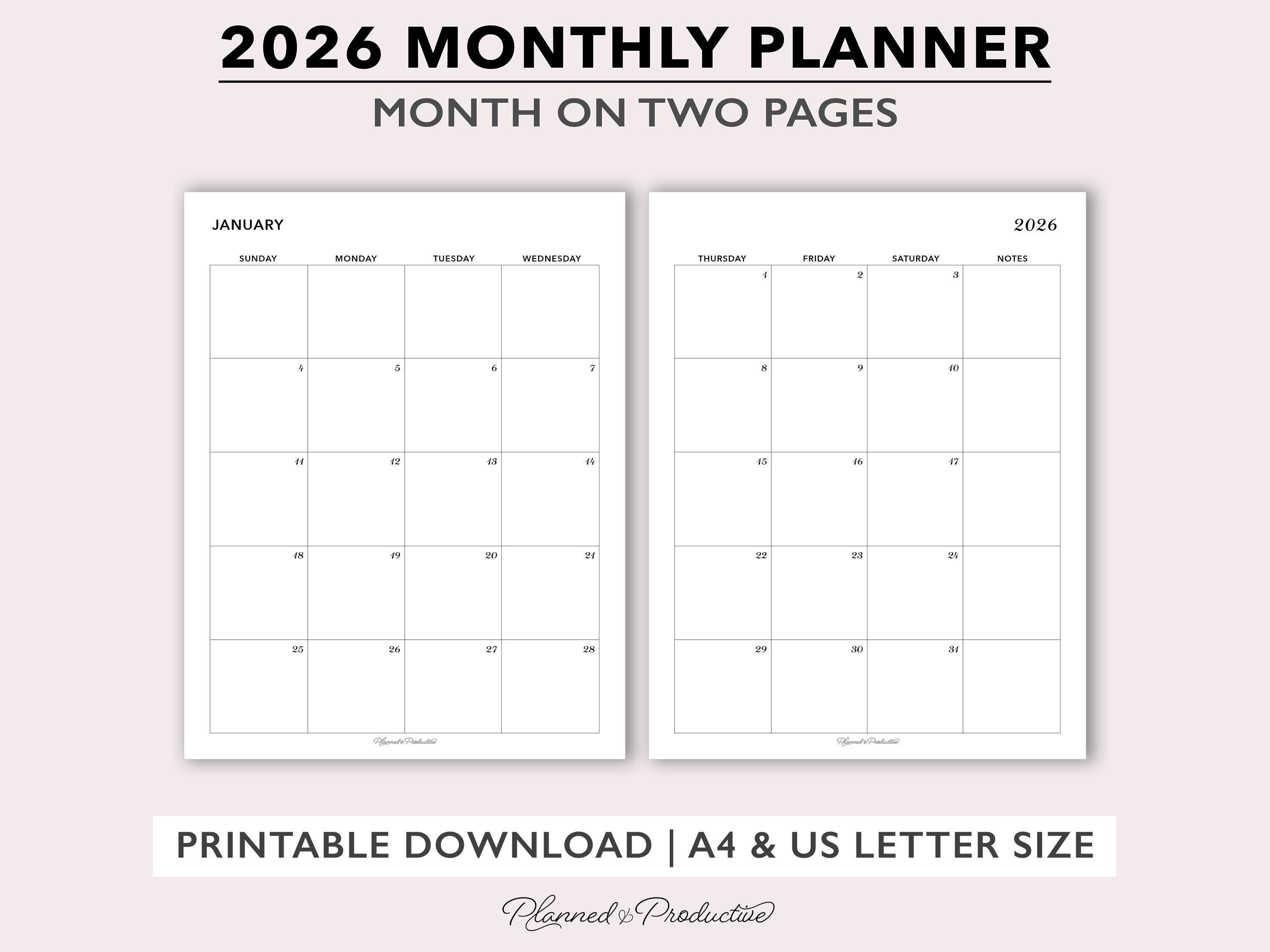 2026 Monthly Printable Planner Inserts, Month on 2 Pages MO2P Calendar ...