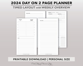 2024 Two Page per Day Daily Planner Printable w/ Weekly Dashboard & Notes, Day on 2 Page Planner Insert, Personal Size Dated Hourly Planner