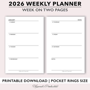 Könnte beinhalten: Ein minimalistischer Wochenplaner 2026 mit weißem Hintergrund. Der Planer ist mit zwei Seiten gestaltet, die jeweils das Layout einer Woche anzeigen. Der Text "2026 WEEKLY PLANNER" und "WEEK ON TWO PAGES" stehen oben. Der Text unten lautet "PRINTABLE DOWNLOAD | POCKET RINGS SIZE".