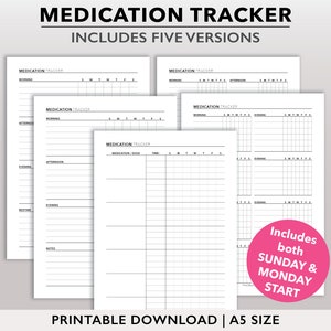 印刷可能な投薬トラッカー、投薬チャート テンプレート、A5 投薬トラッカー シート、A5 プランナーの投薬ログ、投薬スケジュール ページ PDF
