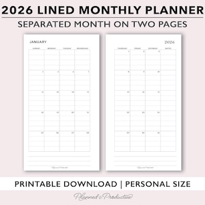 May include: A printable 2026 monthly planner with lined pages, designed to separate each month across two pages. The layout includes a calendar grid for each day of the month, with the month of January displayed. The planner is a personal size.