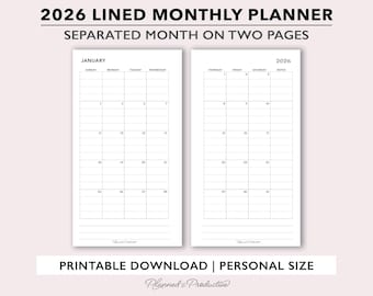Insertos mensuales para agenda imprimibles con renglones 2026, plantilla de calendario mensual, inserto mensual de dos páginas para agendas de tamaño personal, MO2P PDF de 2 páginas