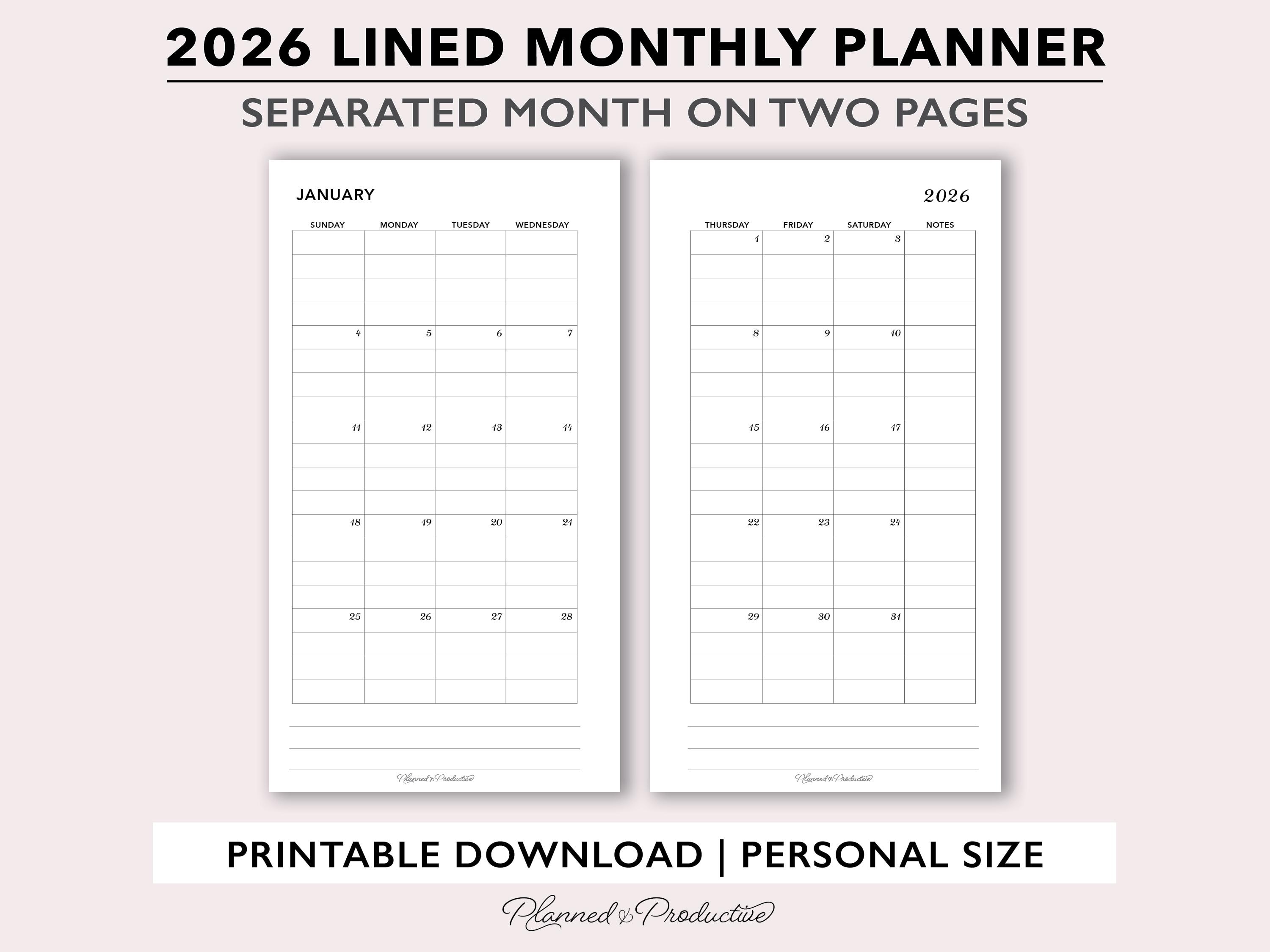 2026 Printable Lined Monthly Planner Inserts, Monthly Calendar Template ...