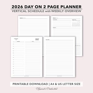 2026 Two Page per Day Daily Planner Printable w/ Weekly Overview & Notes, Day on 2 Page Planner Insert, Do2P Dated Daily Planner PDF
