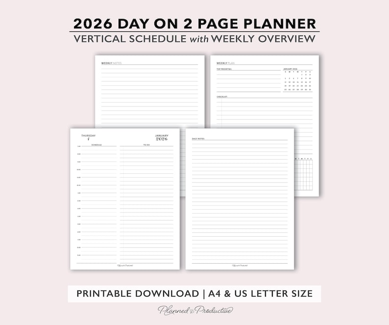 Planificador diario imprimible de dos páginas por día 2026 con resumen semanal y notas, inserto de planificador de dos páginas por día, planificador diario con fecha Do2P en PDF imagen 1