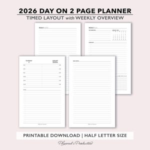 2026 Twee pagina's per dag afdrukbare dagelijkse planner met wekelijks dashboard en notities, planner voor dag op 2 pagina's, pdf op halve grootte, gedateerde uurplanner