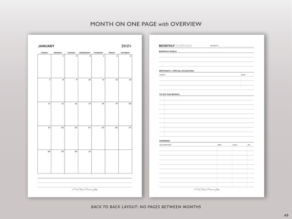 2024 Monthly Printable Planner Inserts, Month on One Page With Overview Calendar  Template for A5 Planners, Printable Monthly Calendar Refill - Etsy