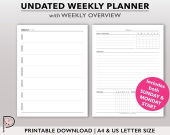 Weekly Planner Printable, Undated Weekly Insert, Weekly Agenda Refill, A4 | US Letter Planner Page, Weekly Organizer with Weekly Overview