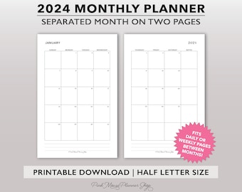 2024 Printable Monthly Planner Inserts, 2024 Monthly Calendar Template, Two Page Monthly Planner for Half Size Ring or Disc Bound Planners