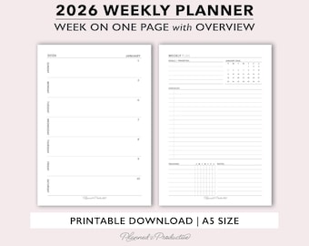 2026 Weekly Planner Printable, A5 Weekly Planner Template, Dated Weekly Insert with Weekly Overview, Week on 2 Page Planner Insert for A5