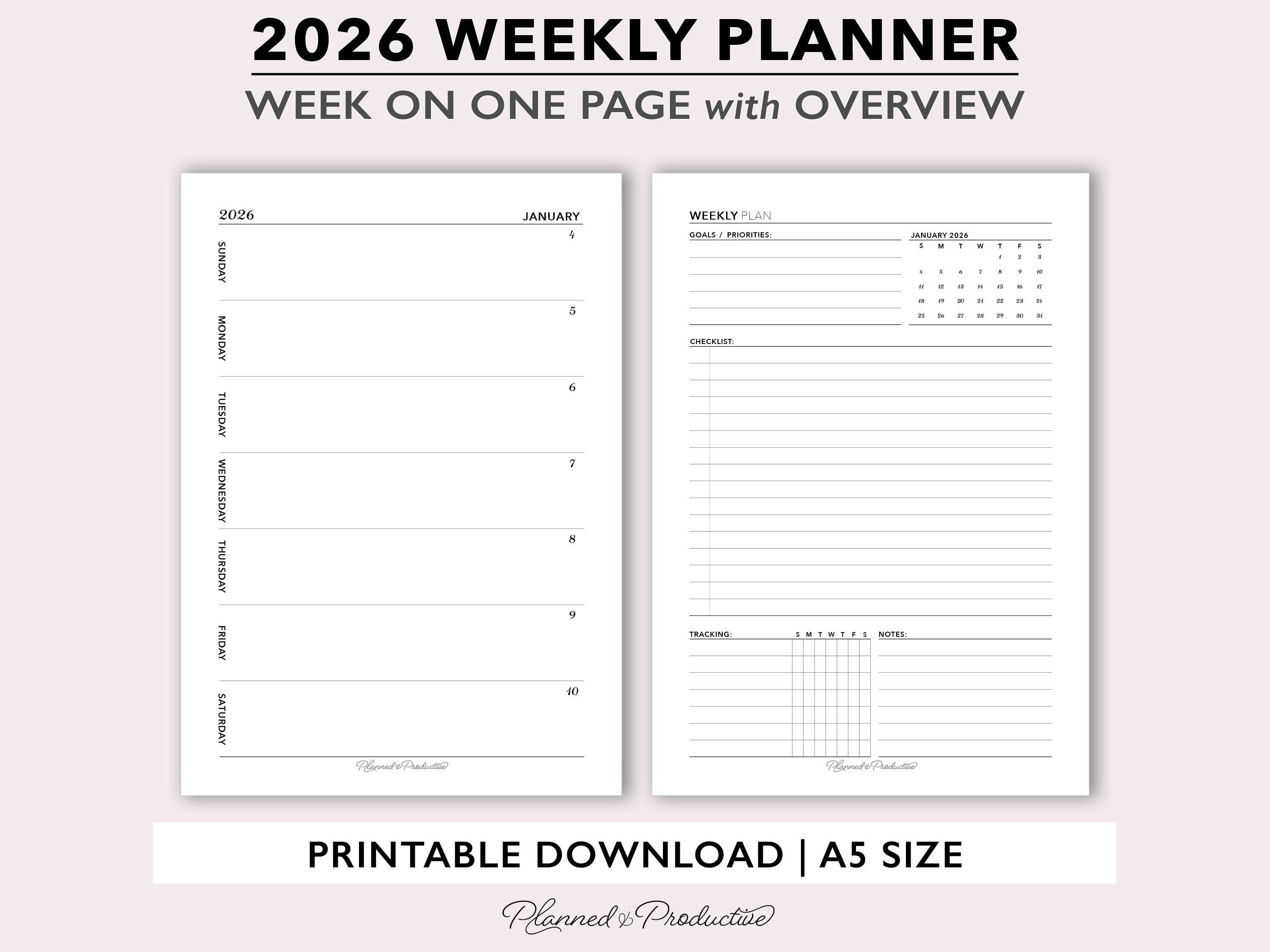 2026 Weekly Planner Printable, A5 Weekly Planner Template, Dated Weekly ...