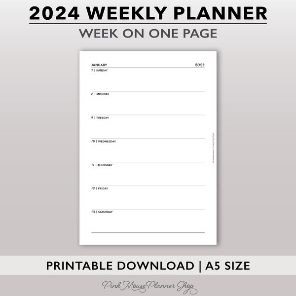 2024 Weekly Planner Printable, Week per Page Agenda, A5 Weekly Appointment Schedule, Simple Minimalist Weekly Planner Page