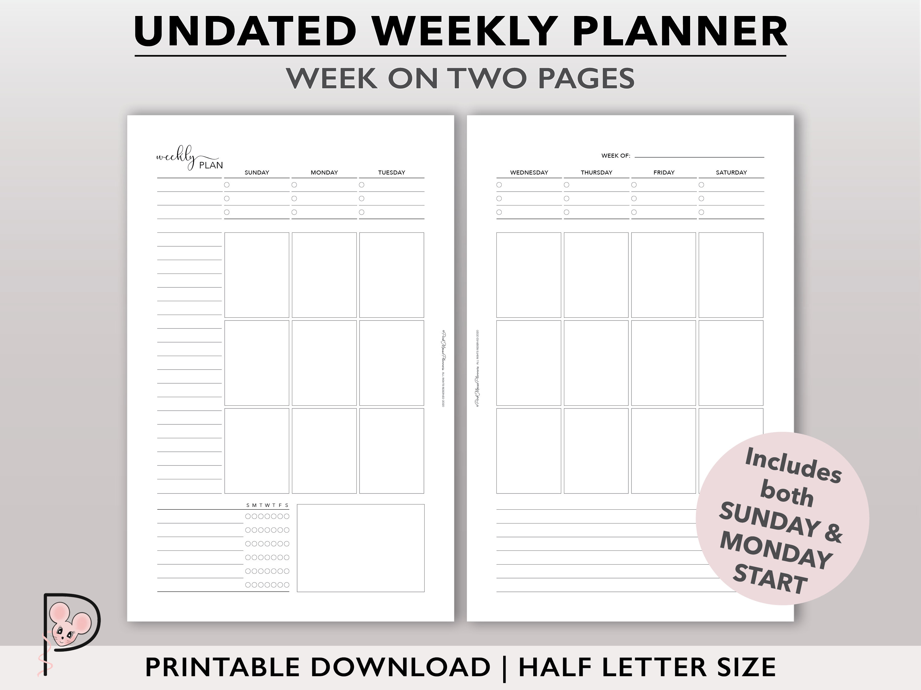 Undated Weekly Planner Printable, Vertical Week on 2 Page Layout, WO2P ...