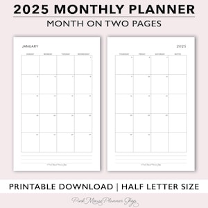 Inserciones de planificador imprimibles mensuales 2025, plantilla de calendario de mes en 2 páginas, recarga mensual imprimible de dos páginas para planificadores de tamaño de media carta