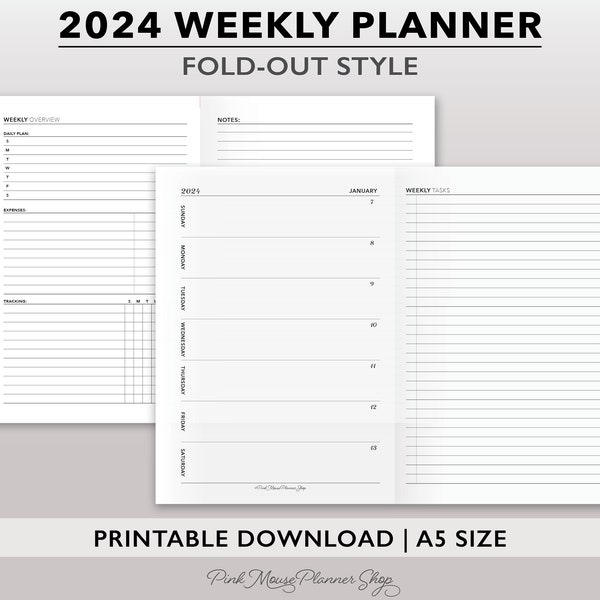 2024 Fold Out Style Weekly Planner Printable, 2024 Weekly Planner Insert, Fold Out Weekly Planner Template for A5 Planner, A5 Planner Refill