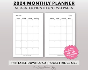 Agenda mensuel 2024 imprimable avec pages lignées au dos, petit modèle de calendrier mensuel, inserts PDF pour agenda de poche, anneaux de poche MO2P