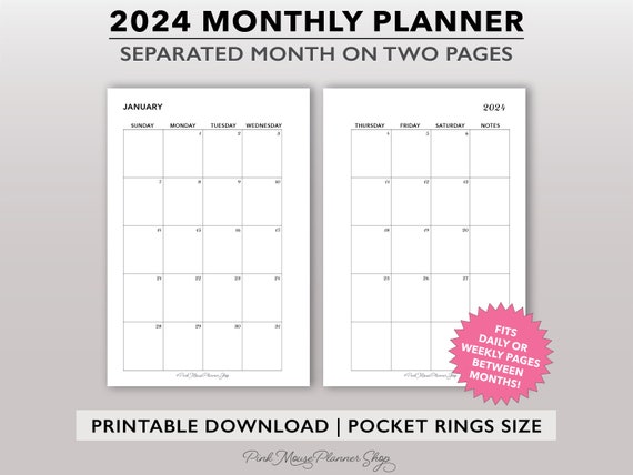 2024 Monthly Planner Printable With Lined Pages on Back, Small Monthly  Calendar Template, Pocket Size Planner Inserts PDF, Pocket Rings MO2P - Etsy