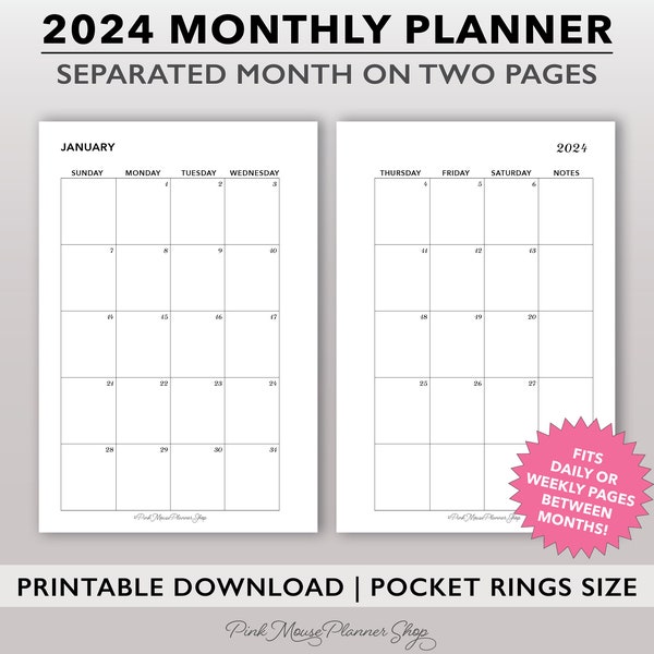 2024 Monthly Planner Printable with Lined Pages on Back, Small Monthly Calendar Template, Pocket Size Planner Inserts PDF, Pocket Rings MO2P