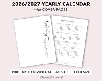 2026 | 2027 Yearly Calendar & Cover Page Printable for A4 or US Letter Size Planners, Annual Calendar with Script Yearly Dashboard Template