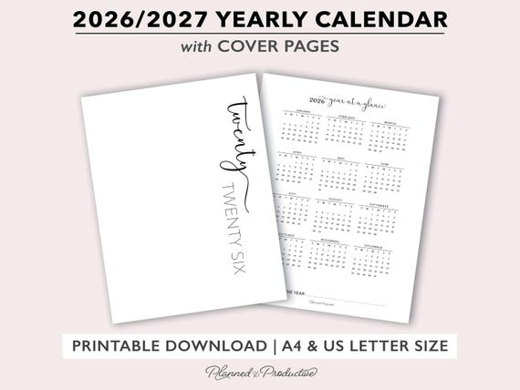 2026 | 2027 Yearly Calendar & Cover Page Printable for A4 or US Letter Size Planners, Annual Calendar with Script Yearly Dashboard Template