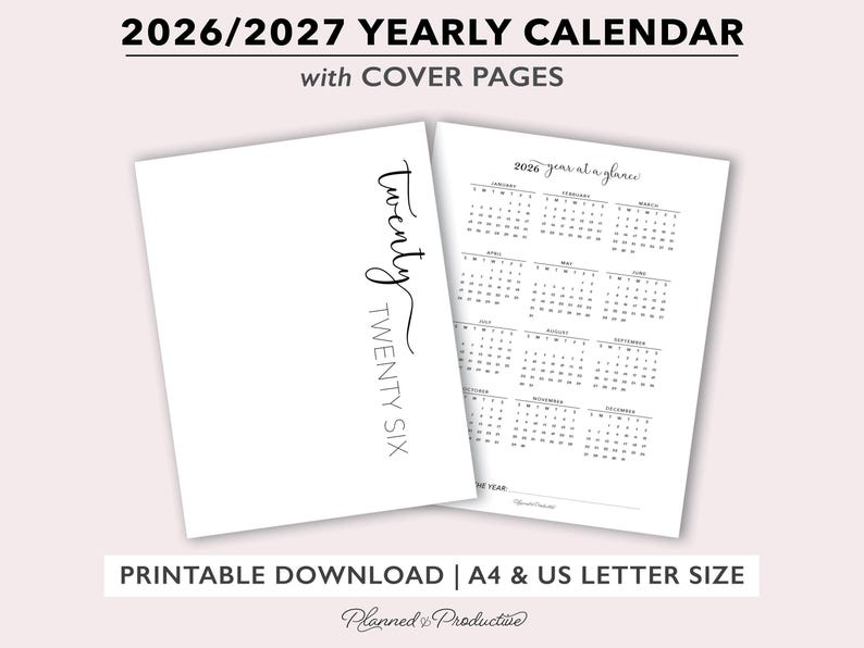 Calendario anual 2026/2027 con portada imprimible para planificadores tamaño A4 o carta (EE. UU.), calendario anual con plantilla de panel de control anual. imagen 1