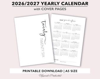 2026 | 2027 Jahreskalender & Cover zum Ausdrucken für A5 Planer, Jahreskalender 2027 mit Script Jahresübersicht Dashboard für A5 Ringe