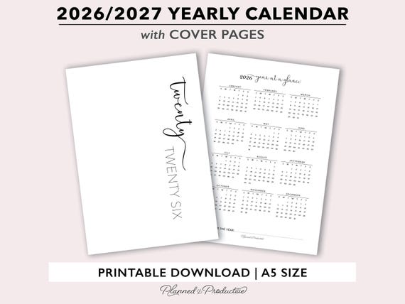 2026 | 2027 Yearly Calendar & Cover Page Printable for A5 Size Planners, Annual Calendar with Script Yearly Dashboard Template for A5 Rings