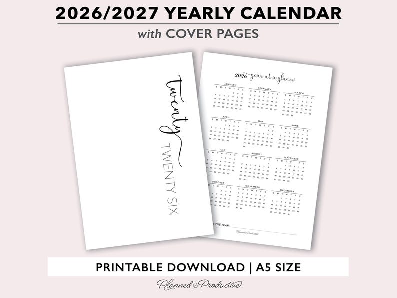2026 | Calendrier annuel 2027 et page de couverture imprimable pour les agendas A5, calendrier annuel avec script, modèle de tableau de bord annuel pour anneaux A5 image 1