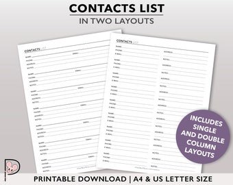 Printable Address Book Planner Insert, Emergency Contact List PDF, Printable Phone List Planner Page, A4 | U.S. Letter Size Planner Template