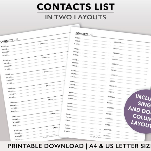 Printable Address Book Planner Insert, Emergency Contact List PDF, Printable Phone List Planner Page, A4 | U.S. Letter Size Planner Template