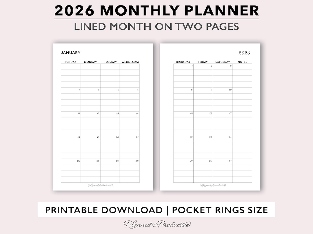 2026 Lined Monthly Planner Printable Month on 2 Pages, Small Simple ...