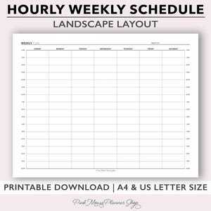 May include: A printable weekly schedule template in landscape layout. The template is divided into hourly time slots for each day of the week, from Sunday to Saturday. The template is designed for use with A4 or US Letter size paper.