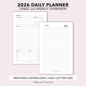 2026 linierte Tagesplaner-Einlagen mit Wochenübersicht, datierter Tag pro Seite, druckbarer Planer, DO1P-Planerseite, tägliche Agenda-PDF in halber Größe