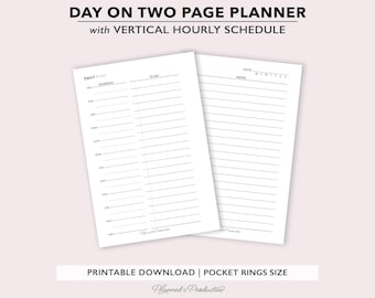 Day on Two Pages Daily Planner Insert, Vertical Hourly Layout, Printable PDF files for Pocket Rings (A7), Digital Download
