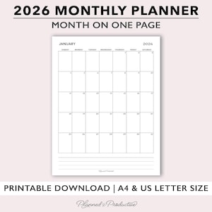 May include: A printable 2026 monthly planner with a month-on-one-page layout. The calendar grid is in black and white, with the month of January displayed. The text "2026 Monthly Planner" and "Month on One Page" are at the top.
