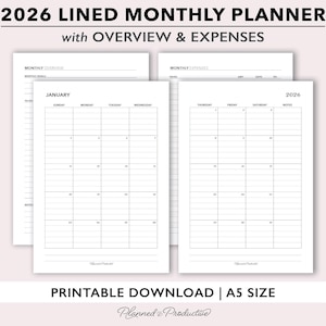 May include: A set of white printable planner pages with a light pink background. The pages include a monthly overview, expense tracking, and a lined monthly calendar for 2026. The text "PRINTABLE DOWNLOAD | A5 SIZE" is at the bottom.