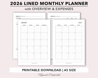May include: A set of white printable planner pages with a light pink background. The pages include a monthly overview, expense tracking, and a lined monthly calendar for 2026. The text "PRINTABLE DOWNLOAD | A5 SIZE" is at the bottom.
