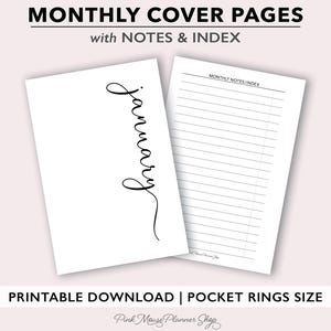 May include: Printable monthly planner cover page with a handwritten "January" title and a notes and index section. The page is designed for pocket-sized ring binders.