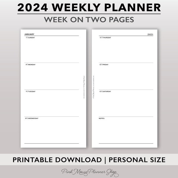 Agenda hebdomadaire 2024 imprimable, format personnel, semaine minimaliste sur 2 pages modèle de planificateur pour bagues personnelles, agenda hebdomadaire