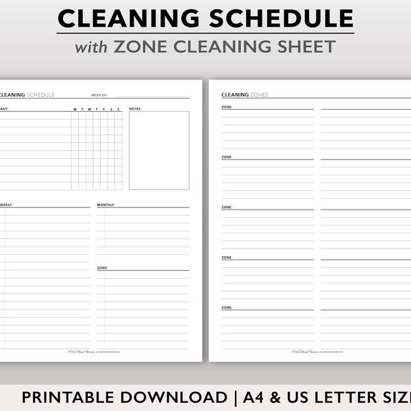 A4 / U.S. Letter Size Cleaning Schedule Printable, Zone Cleaning Planner Page, Weekly Cleaning Checklist, Simple Home Management Insert PDF