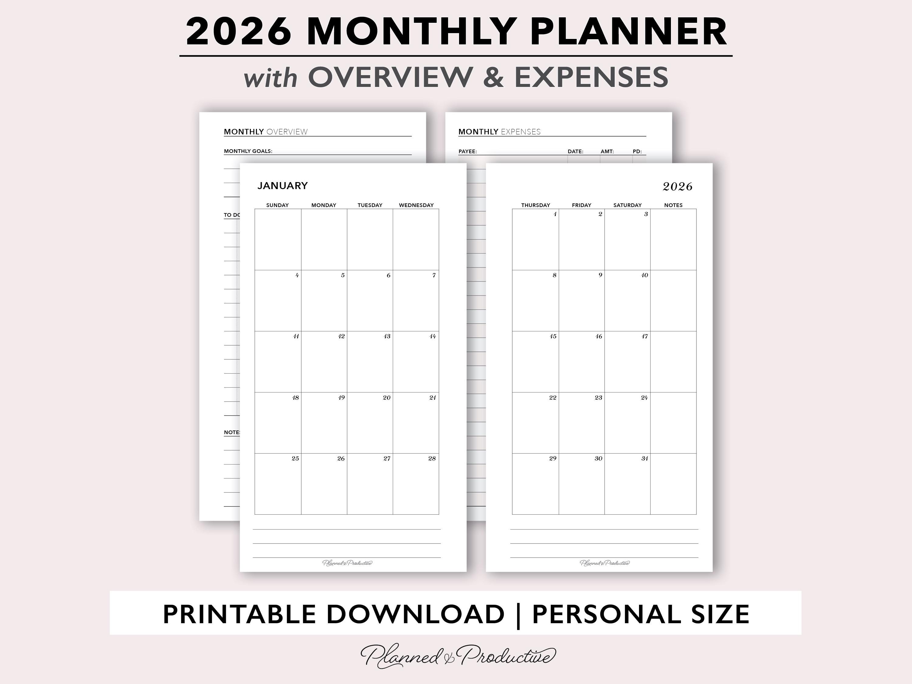 2026 Monthly Printable Planner Inserts, Month on 2 Pages W/ Overview ...