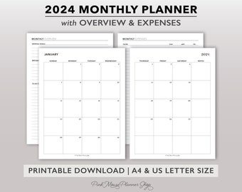 2024 maandelijkse afdrukbare planner-inserts, maand op 2 pagina's met overzicht en onkostentracker, maandelijks kalendersjabloon op volledige grootte van twee pagina's, MO2P