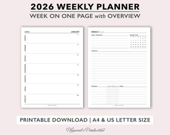 May include: A printable 2026 weekly planner with a week-on-one-page layout. The planner includes space for daily scheduling, goals, priorities, checklists, and tracking. The text "2026 WEEKLY PLANNER WEEK ON ONE PAGE with OVERVIEW" is at the top.