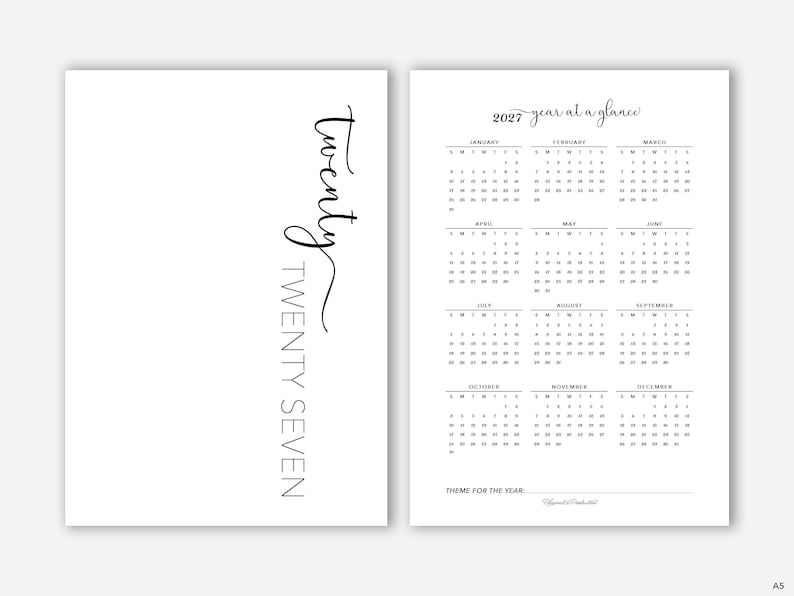 2026 | Calendrier annuel 2027 et page de couverture imprimable pour les agendas A5, calendrier annuel avec script, modèle de tableau de bord annuel pour anneaux A5 image 3