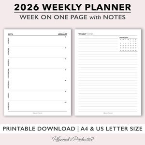May include: A printable 2026 weekly planner with a white background. The planner includes a week-on-one-page layout with notes. The text "2026 WEEKLY PLANNER WEEK ON ONE PAGE with NOTES" is at the top. The planner is available in A4 and US Letter sizes.