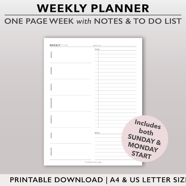 Weekly Planner Insert, Week on One Page, Printable Planner Page, Productivity Planner, Undated Weekly Agenda, Weekly Appointment Insert