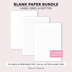 Lined, Grid and Dotted Paper Bundle, Printable PDF files for A4 | A5 | Letter & Half Size planners, (Digital Download)
